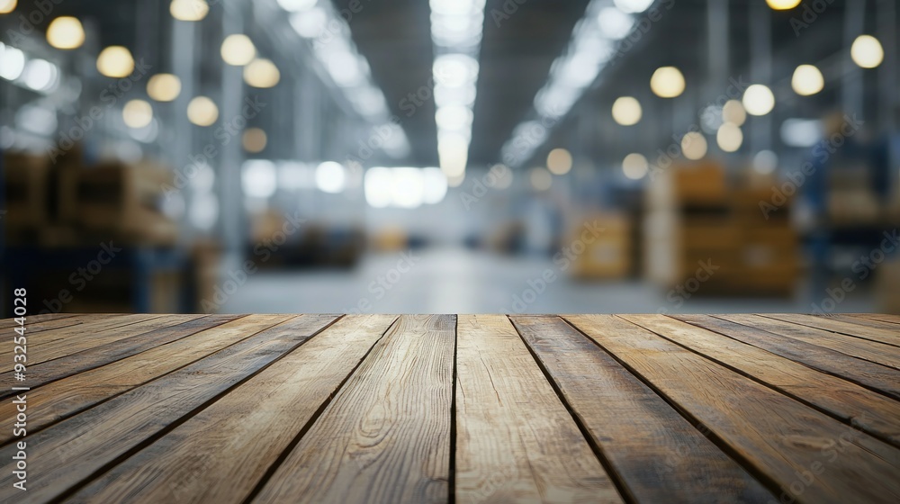 Empty wood table top with blur background of warehouse of factory. The table giving copy space for placing advertising product on the table along with beautiful industrial warehouse background Empty wood table top with blur background of warehouse of factory. The table giving copy space for placing advertising product on the table along with beautiful industrial warehouse background