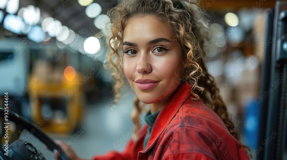 Obraz premium female warehouse worker driving forklift warehouse worker preparing products for shipmennt delivery checking stock in warehouse