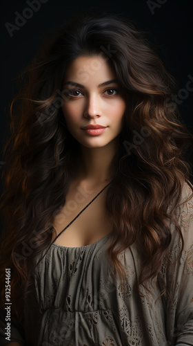 Vertical studio photo of a beautiful young woman with long wavy brown hair, against a black background, wearing a long-sleeved grey lace dress, generative AI.