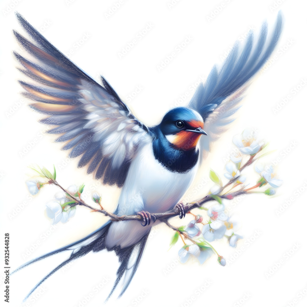 Naklejka premium 흰 배경, 제비, 파스텔 화 (white background, Swallow, Pastel Painting)