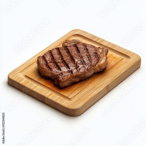 Close up of wooden cutting board with Grilled steak on an isolated white background