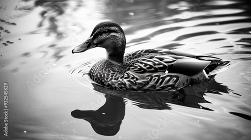 Black and white wildlife scene of a duck swimming peacefully in a pond photo