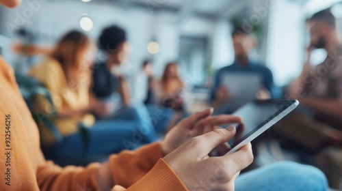 Woman using tablet in a group of people