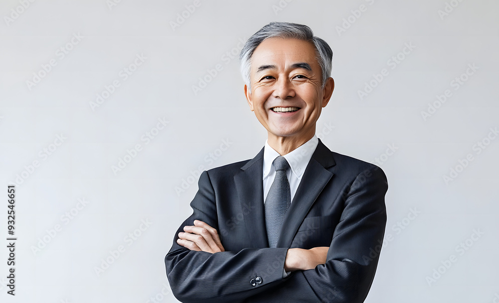 Contented Senior Asian Businessman in Smart Suit with Crossed Arms, Warm Smile Engaging the Camera Contented Senior Asian Businessman in Smart Suit with Crossed Arms, Warm Smile Engaging the Camera