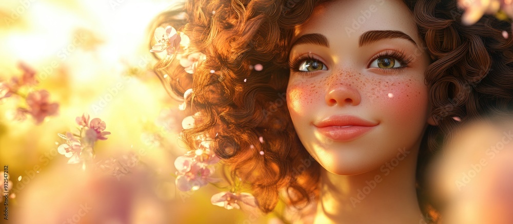 3D Cartoon of a Beautiful Girl with Curly Hair Enjoying Spring at Sunset 3D Cartoon of a Beautiful Girl with Curly Hair Enjoying Spring at Sunset