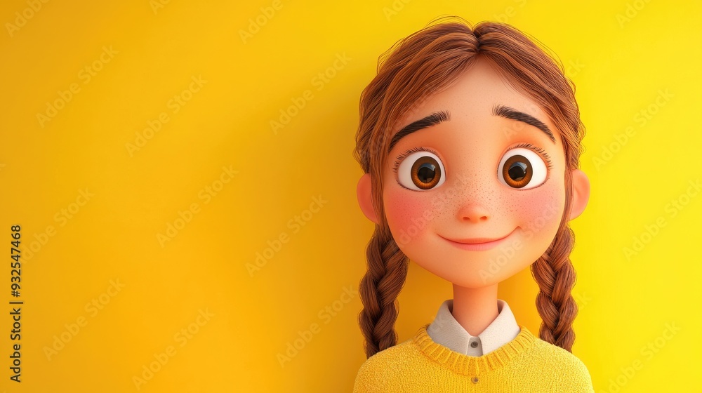 3D Cartoon of a Braided Girl with Expressive Emotions Isolated on a Bright Yellow Background Representing School Age 3D Cartoon of a Braided Girl with Expressive Emotions Isolated on a Bright Yellow Background Representing School Age