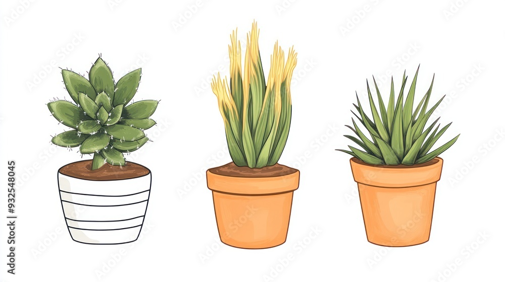 Three potted succulents on a white background Three potted succulents on a white background