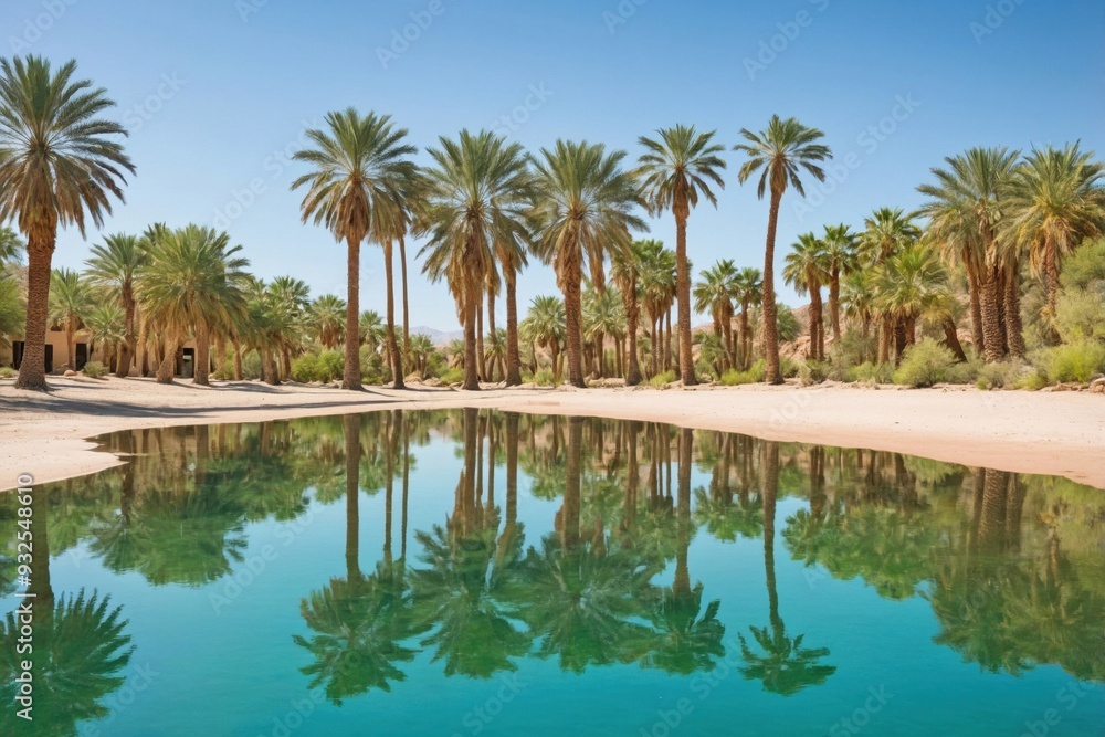 Mirrored Reflection of Palm Trees in the Crystal-Clear Waters of a Desert Oasis Mirrored Reflection of Palm Trees in the Crystal-Clear Waters of a Desert Oasis