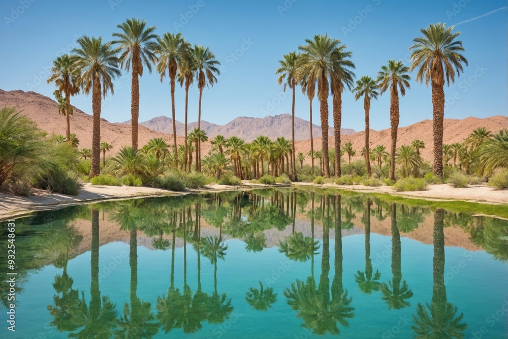 Mirrored Reflection of Palm Trees in the Crystal-Clear Waters of a Desert Oasis Mirrored Reflection of Palm Trees in the Crystal-Clear Waters of a Desert Oasis