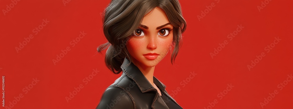 3D Cartoon of a Gorgeous Brunette Woman in a Black Jacket 3D Cartoon of a Gorgeous Brunette Woman in a Black Jacket