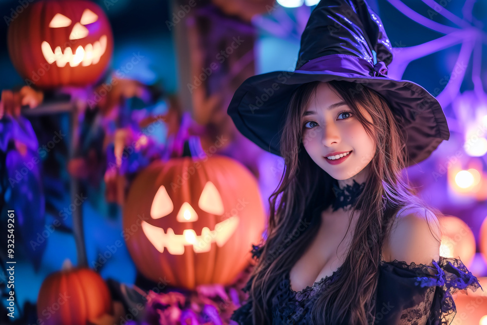 ハロウィンをテーマに魔女の仮装をしている若い日本人女性(美人モデル) ハロウィンをテーマに魔女の仮装をしている若い日本人女性(美人モデル)