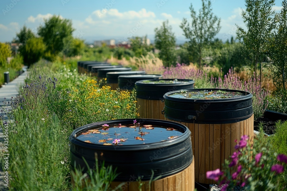 Water Features in a Lush Garden with Wooden Barrels Water Features in a Lush Garden with Wooden Barrels