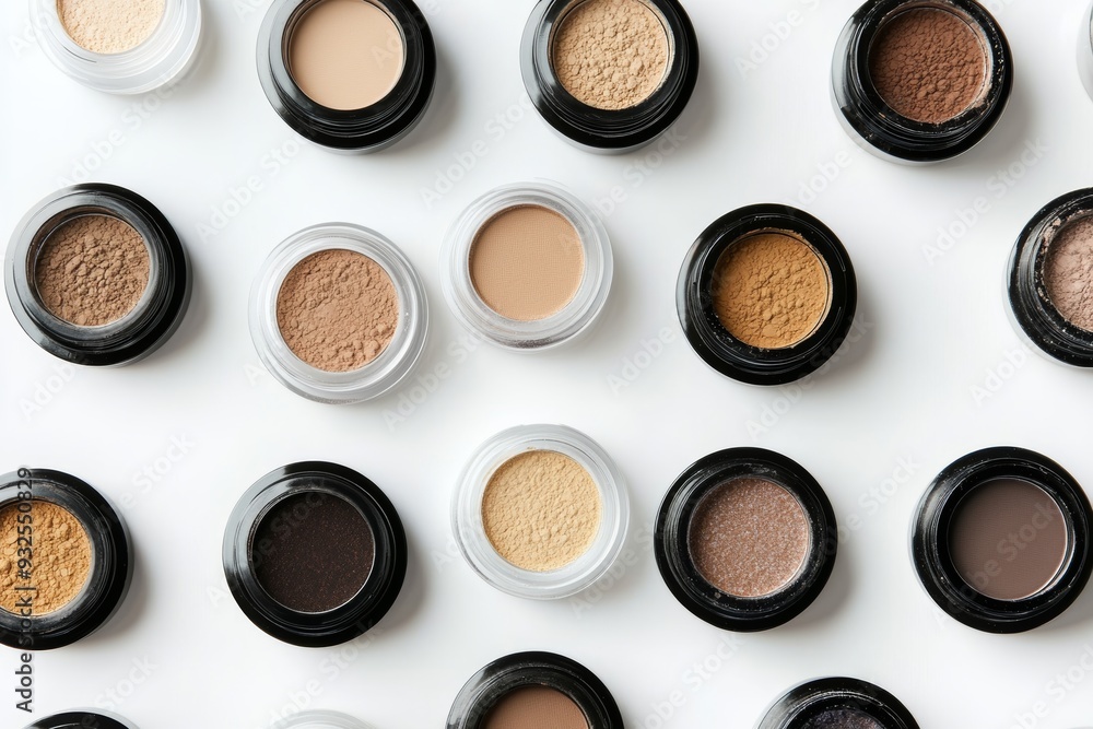 A vibrant array of loose powder eyeshadows displayed elegantly on a white surface A vibrant array of loose powder eyeshadows displayed elegantly on a white surface