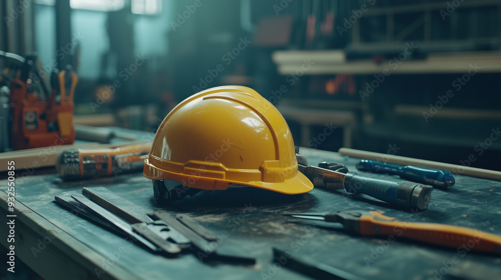 Construction Helmet and Tools Highlighting Labor Day in the Industry Construction Helmet and Tools Highlighting Labor Day in the Industry