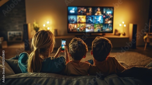 A modern family streaming video on a large smart TV in a cozy living room, with children holding their phones and interacting with the content, illustrating the seamless integration of technology in