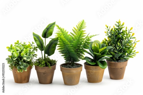 Vibrant collection of potted artificial plants showcasing lush greenery and varying textures on a simple white backdrop