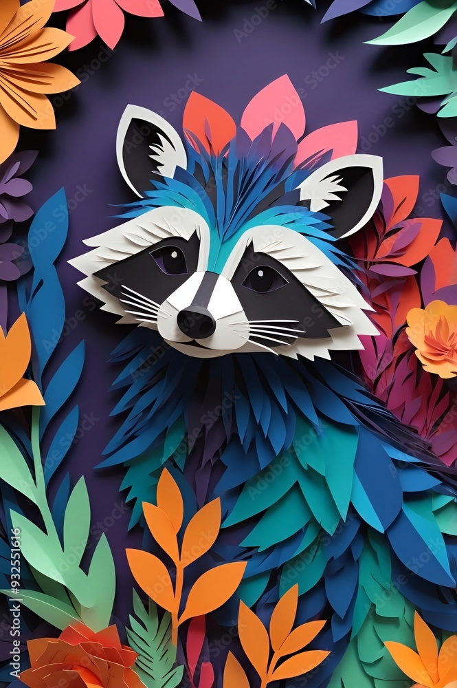 Papercraft Raccoon Surrounded by Colorful Flowers Papercraft Raccoon Surrounded by Colorful Flowers