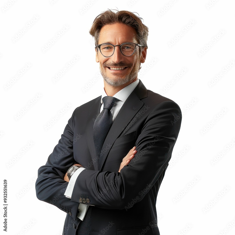 Confident businessman in formal attire with crossed arms on a blank background, representing professionalism and success in business environment Confident businessman in formal attire with crossed arms on a blank background, representing professionalism and success in business environment