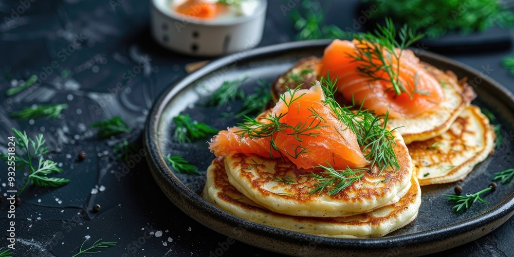 Mini blini pancakes with creamy cheese chilled smoked salmon and fresh dill Mini blini pancakes with creamy cheese chilled smoked salmon and fresh dill