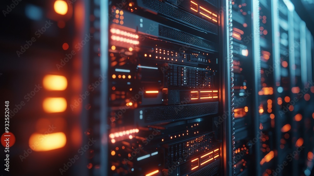 Obraz premium A close-up shot of a data center server with blinking LED lights, cooling fans, and intricate cabling, capturing the essence of high-tech infrastructure and constant data processing
