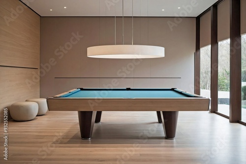 Minimalist Pool Table in a Spacious Room with Polished Wooden Floors and Soft Neutral Colors photo