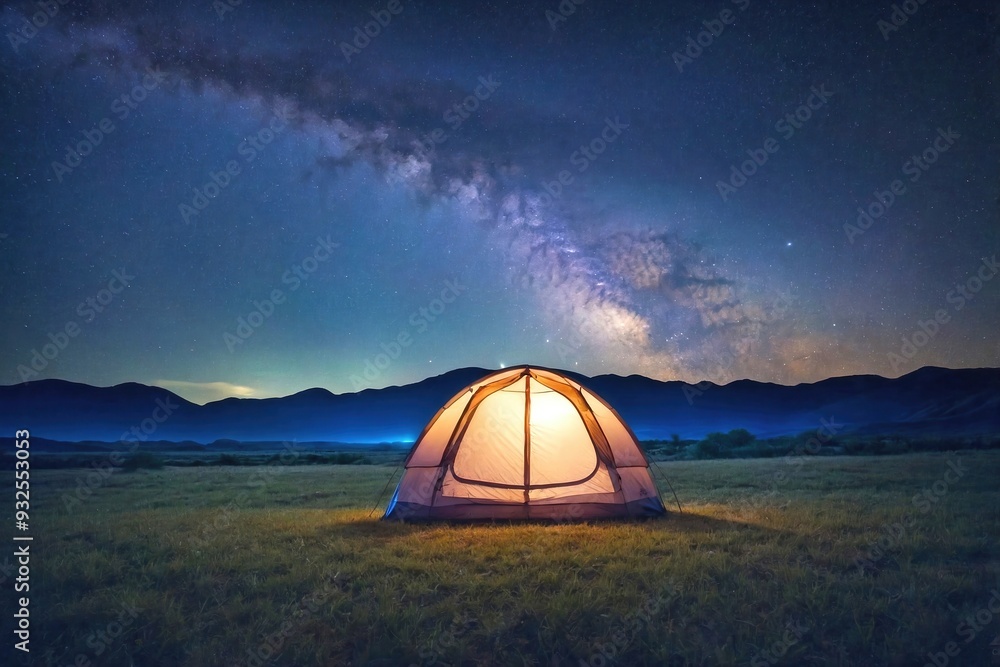 Tent in an Open Field Under a Clear Starry Sky with the Milky Way Visible Tent in an Open Field Under a Clear Starry Sky with the Milky Way Visible