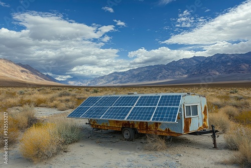 Rusty Trailer with Solar Panels in a Desert Landscape photo