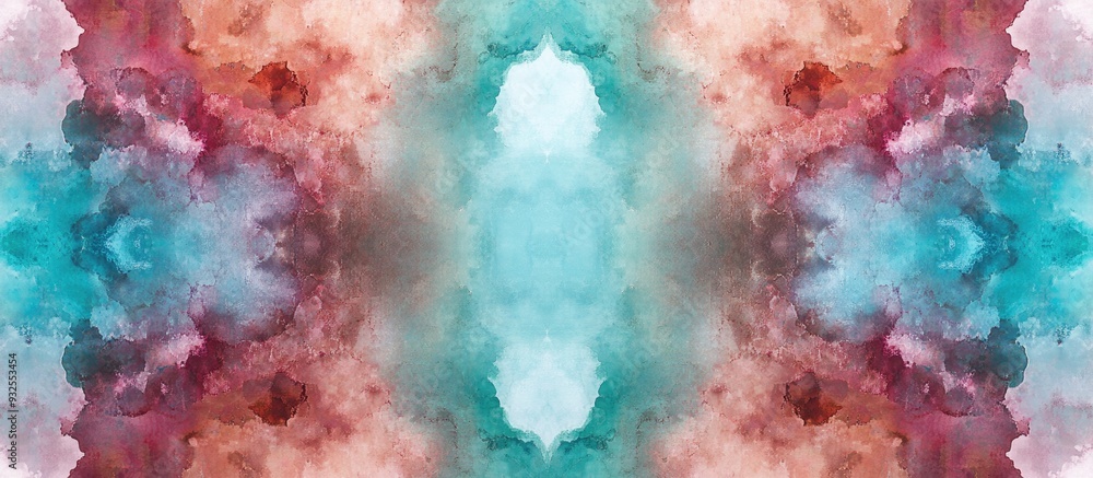 Fototapeta premium Abstract watercolor wallpaper featuring a blurred endless pattern with a marbled effect Ethnic inspired design in shades of azure burgundy and light green with mirrored hues