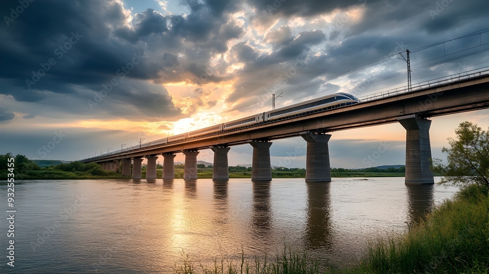 High Speed Train Crossing an Architectural Bridge Over a Wide River with a Dramatic Sky Overhead High Speed Train Crossing an Architectural Bridge Over a Wide River with a Dramatic Sky Overhead