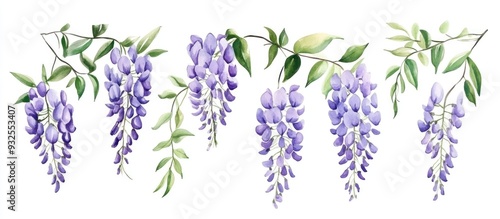 Collection of wisteria flowers and leaves Hand drawn watercolor artwork
