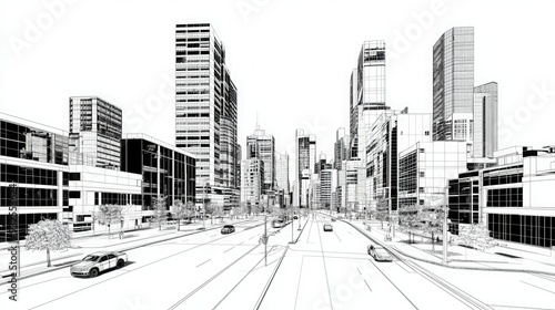 A detailed black and white cityscape illustration featuring modern skyscrapers and busy streets in a stylized layout.