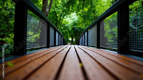 A serene wooden bridge surrounded by lush greenery, inviting peaceful walks and nature exploration.