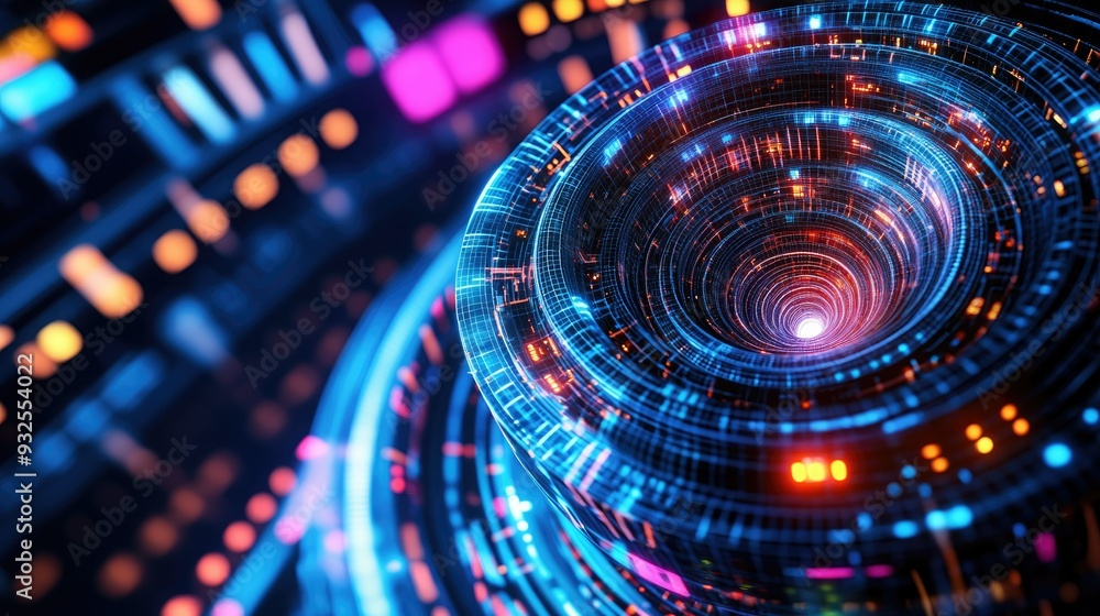 A vibrant abstract digital swirl with glowing lines and circles, representing technology and innovation in a futuristic design. A vibrant abstract digital swirl with glowing lines and circles, representing technology and innovation in a futuristic design.