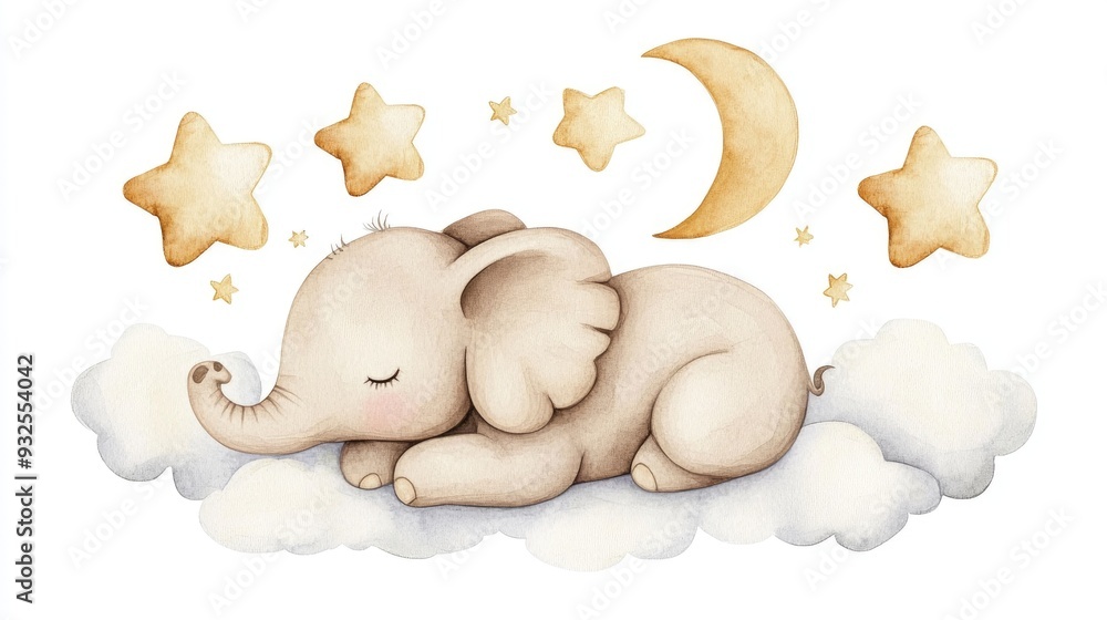 Fototapeta premium Adorable sleeping elephant with moon clouds and stars Watercolor hand drawn illustration suitable for baby showers birthdays and children s rooms on a white background