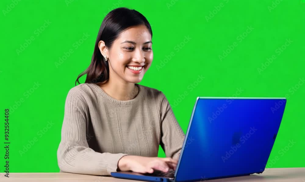 Chroma Green Screen Medium Portrait of Young Woman Working on Laptop Chroma Green Screen Medium Portrait of Young Woman Working on Laptop