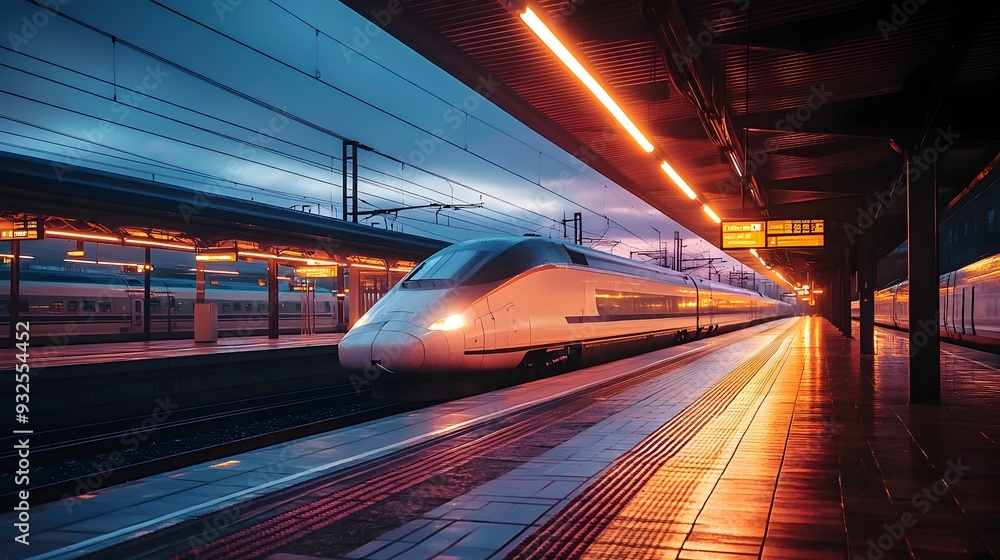 Fototapeta premium High Speed Train Station Bathed in the Soft Light of Dawn with the Train Ready to Depart The Sleek Modern Architecture and Reflective Surfaces Create a Striking Contrast against the Soft