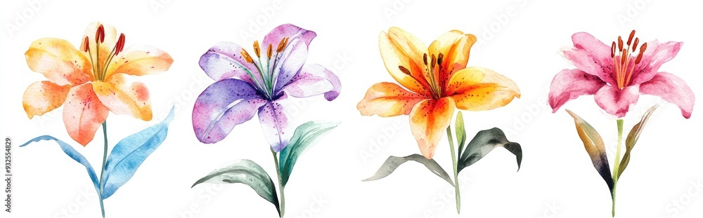 Obraz premium Collection of lily flowers on a white background with clipping path Watercolor floral close up for design purposes Nature