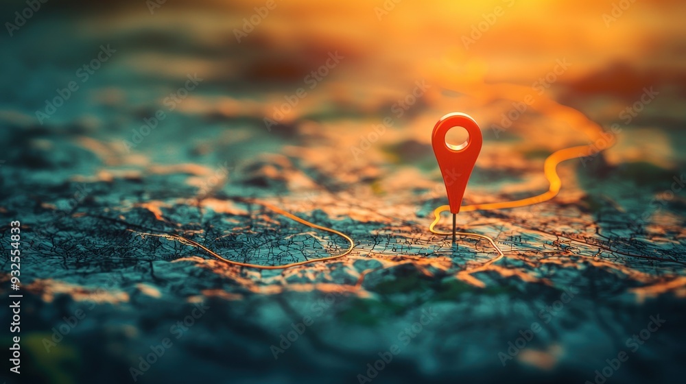Red Pin on a Map with a Gold Line Path at Sunset Red Pin on a Map with a Gold Line Path at Sunset