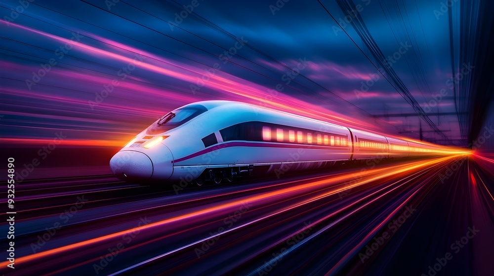 Naklejka premium Illuminating Journey High Speed Train Speeding Through Nighttime Landscape with Glowing Trail in the Darkness