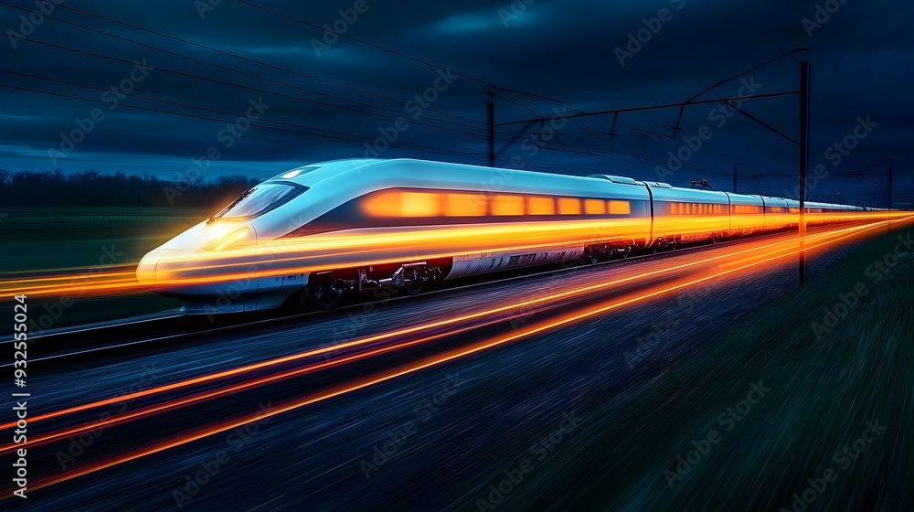High Speed Train Speeding Through Nighttime Landscape with Glowing Trail Blurred image of a high speed train illuminated by lights racing through a dark High Speed Train Speeding Through Nighttime Landscape with Glowing Trail Blurred image of a high speed train illuminated by lights racing through a dark