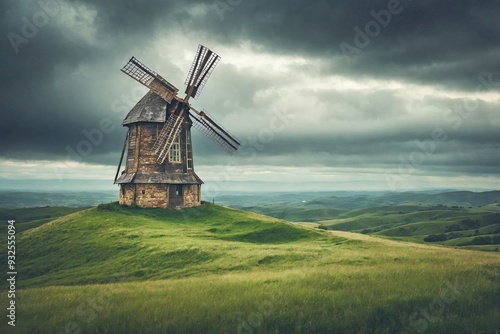 Rustic Windmill Surrounded by Rolling Hills Under a Moody, Overcast Sky