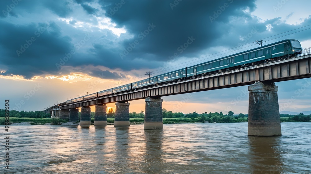 High Speed Train Crossing an Architectural Bridge Over a Wide River With a Dramatic Sky Overhead High Speed Train Crossing an Architectural Bridge Over a Wide River With a Dramatic Sky Overhead
