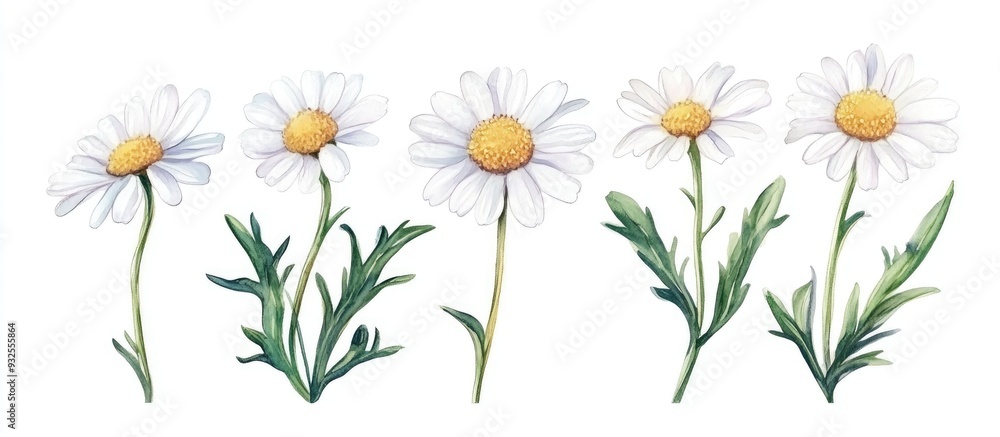 Fototapeta premium Chamomile botanical flower illustration Isolated wild spring leaf wildflower Set of watercolor background designs Fashionable watercolor drawing in aquarelle style Square frame border ornament