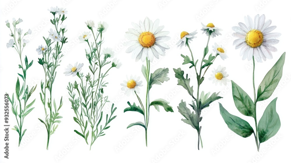 Fototapeta premium Collection of daisy floral arrangements with greenery Watercolor illustrations featuring compositions of daisy buds alongside assorted herbs Suitable for invitation and greeting card designs