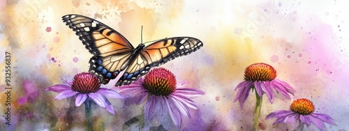 Butterfly feeding on purple Echinacea flowers watercolor background