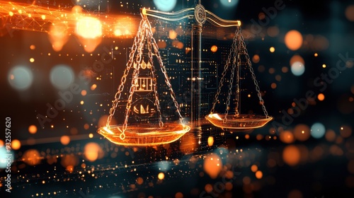 A 3D abstract representation of the scales of justice, hovering in an infinite digital void, with futuristic holographic symbols for different legal principles like truth, defense, and rights, set