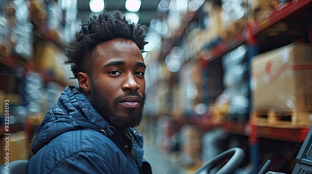 Fototapeta premium multiracial warehouse worker driving forklift warehouse worker preparing products for shipmennt delivery checking stock in warehouse