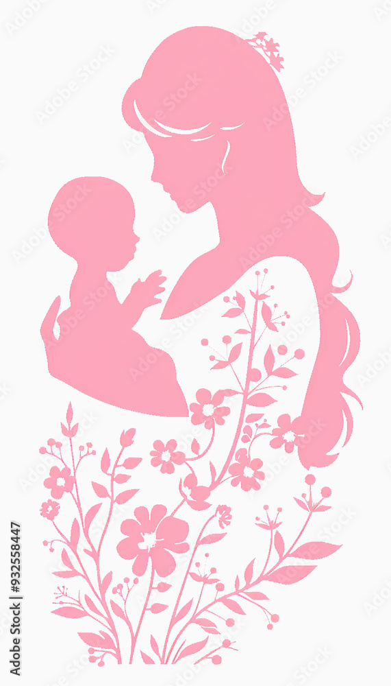 Pink Silhouette of a Mother Holding Her Baby with Flowers Pink Silhouette of a Mother Holding Her Baby with Flowers