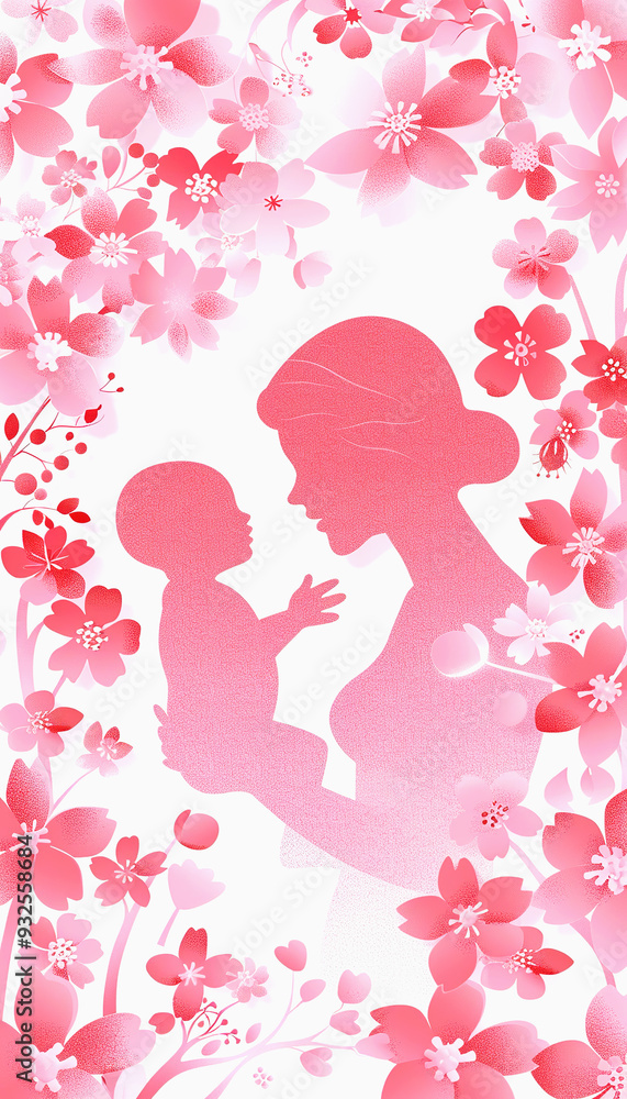 A Mother and Child Silhouetted by Pink Flowers A Mother and Child Silhouetted by Pink Flowers
