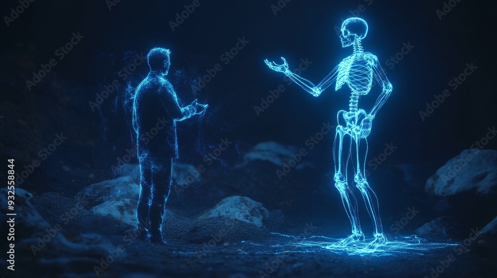 Holographic human interacting with digital skeleton in dark environment representing advanced medical technology Holographic human interacting with digital skeleton in dark environment representing advanced medical technology